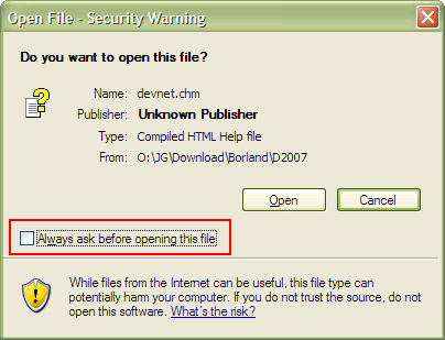 Security warning when opening a downloaded CHM file